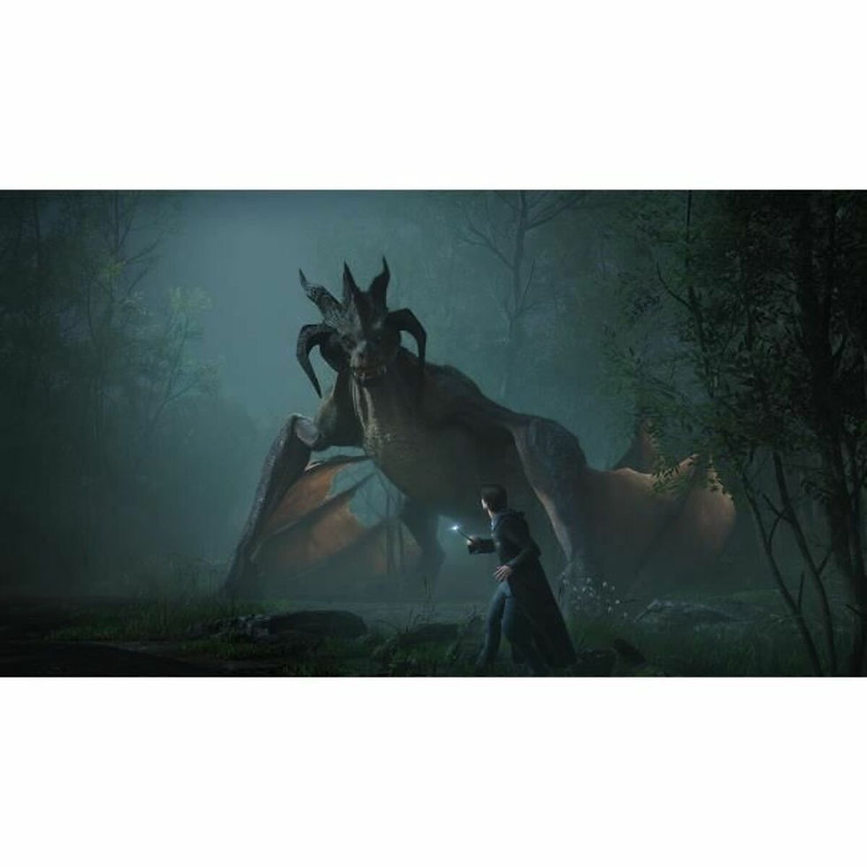 Gollum facing a large horned dragon-like creature in a misty forest