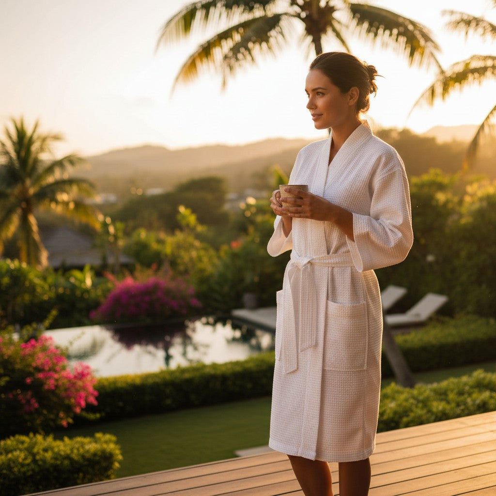 Woman in white bathrobe at tropical resort sunrise