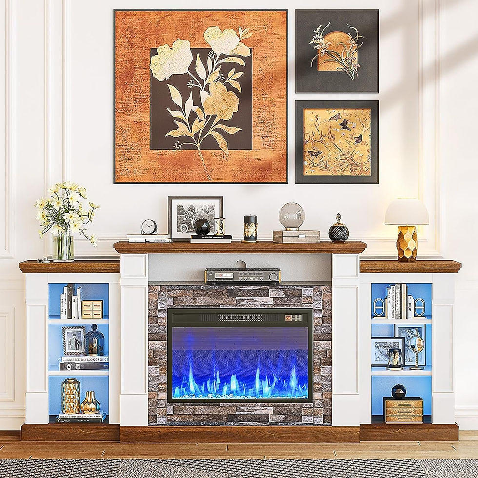 White electric fireplace with blue flames and built-in bookshelves