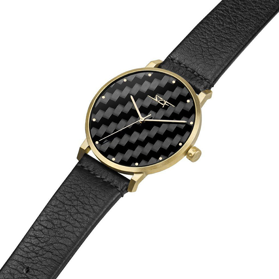 Gold watch with black carbon fiber dial and leather strap