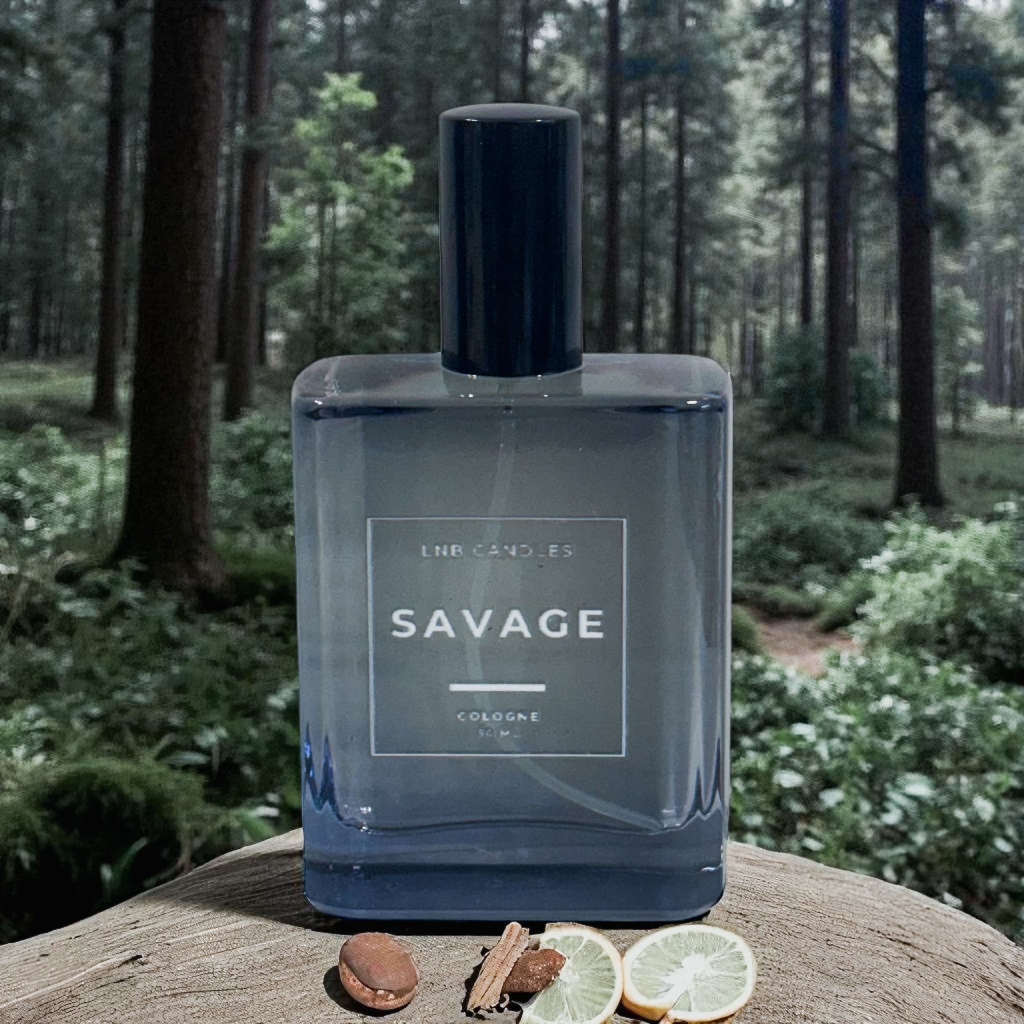 Savage perfume bottle on wood with citrus and cinnamon in forest