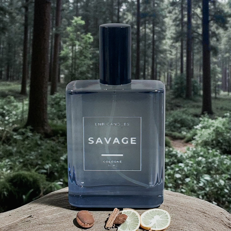 Savage perfume bottle on wood with citrus and cinnamon in forest