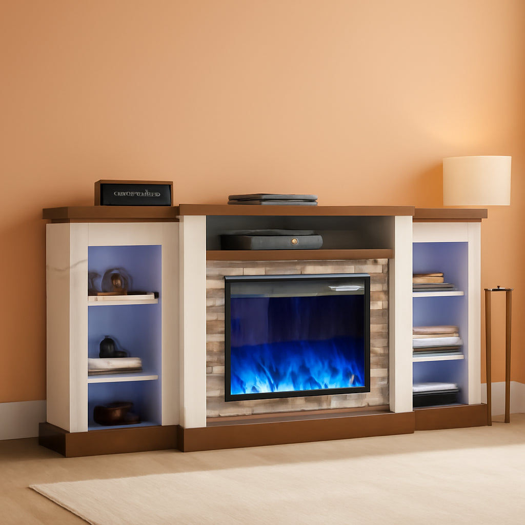 Wood and white media console with electric fireplace and blue flames