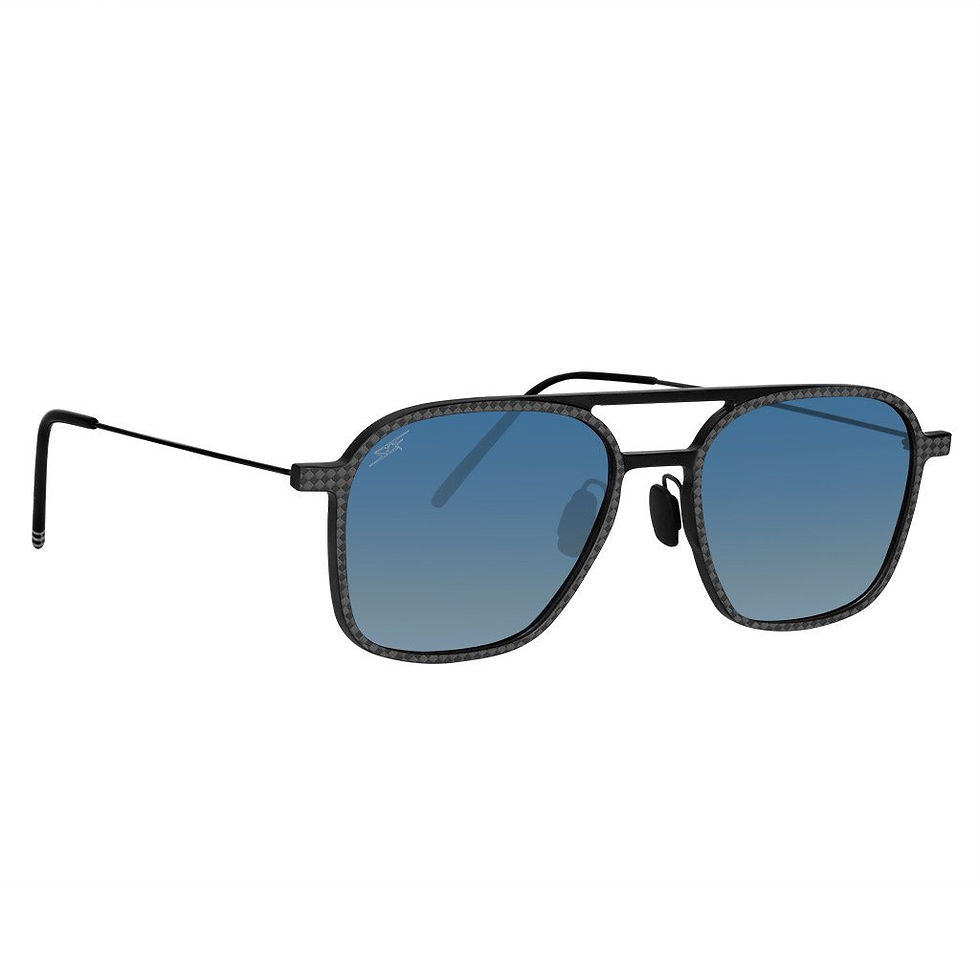 Black aviator-style sunglasses with blue lenses