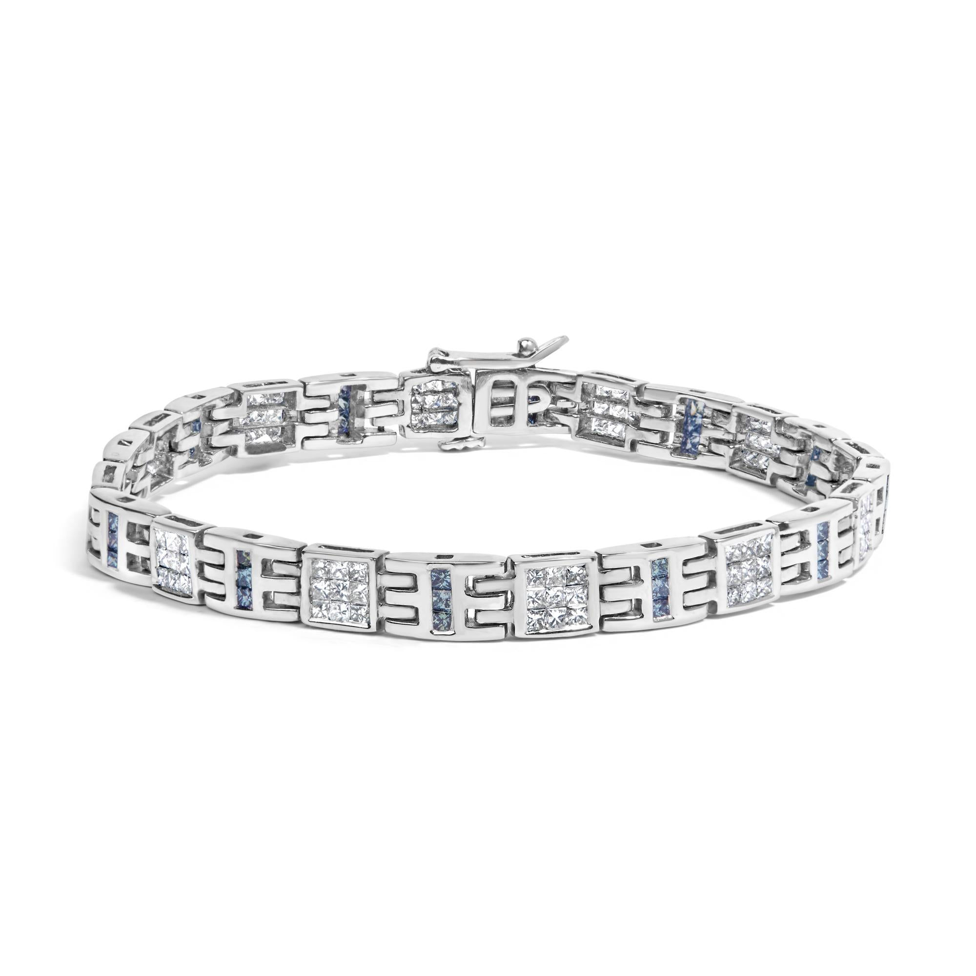 14K White Gold Princess-Cut white and Blue Diamond Fashion Bracelet(3.00 cttw,H-