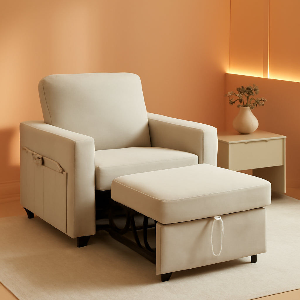 Light beige convertible sleeper chair with pull-out ottoman