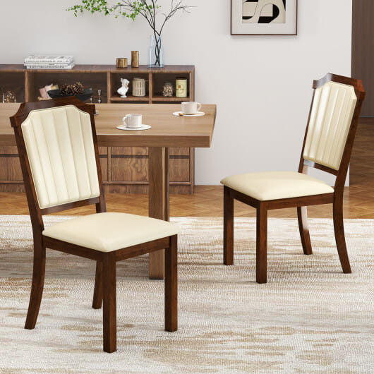 Set of 2 brown rubber wood dining chairs with cream PU leather