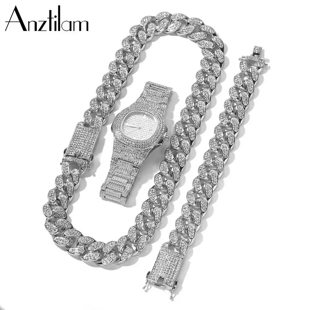 20mm Hip Hop Cuban Link Chain Set Necklace +Watch+Bracelet