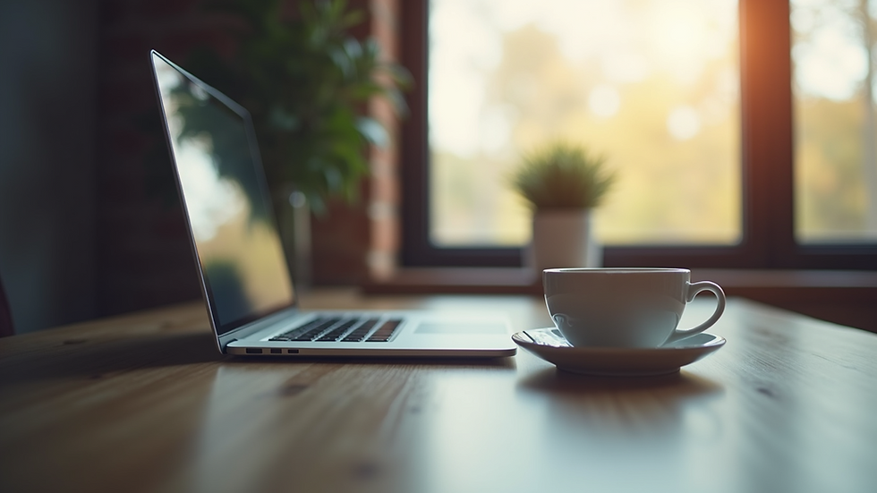 Eye-level view of a laptop on a desk with a cup of tea nearby