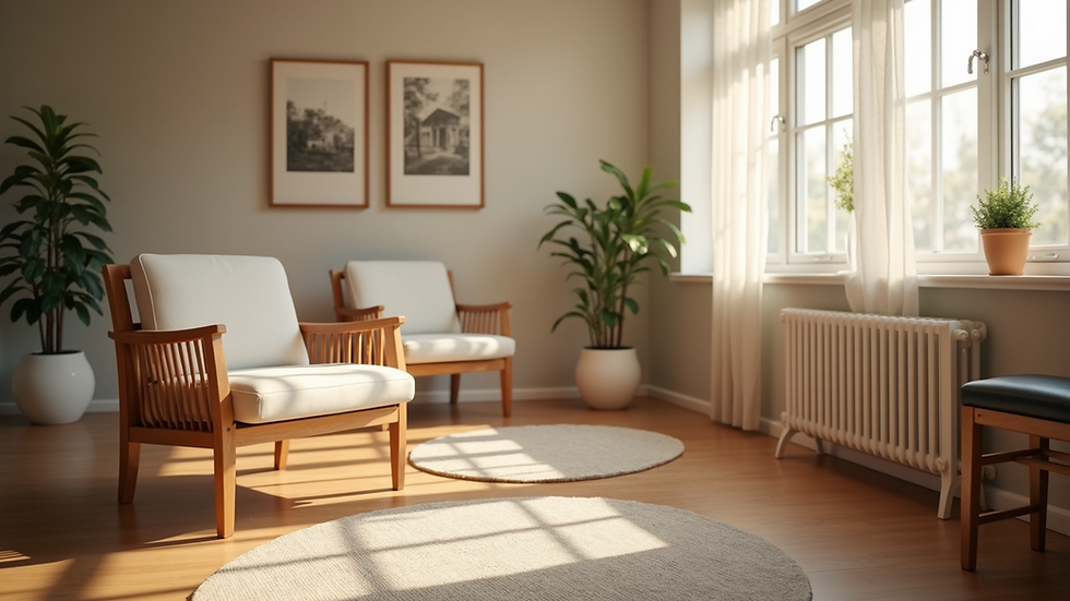 Eye-level view of a cozy therapy room with soft lighting and comfortable chairs