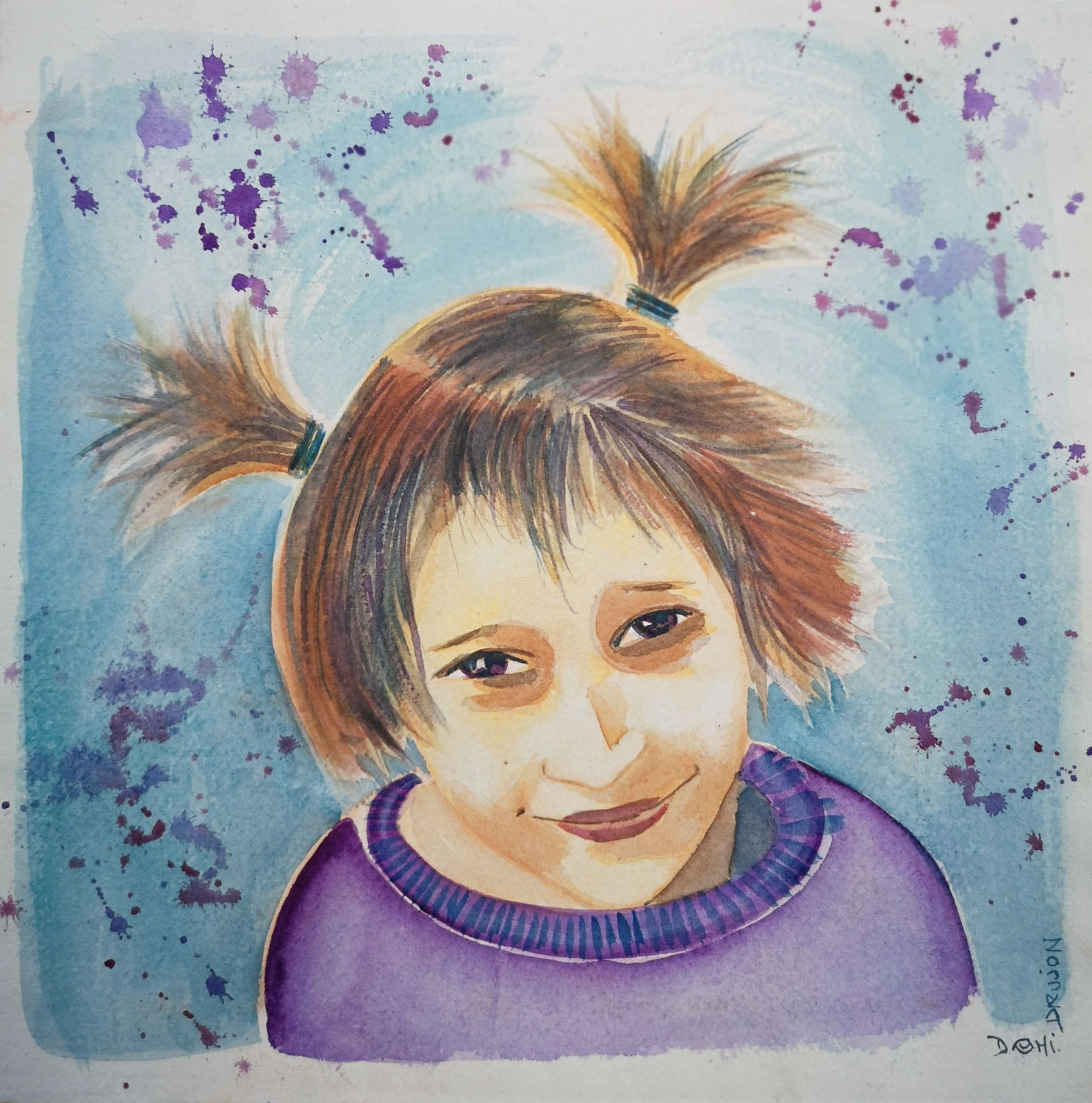 Petite fille aux couettes indociles - Aquarelle sur papier