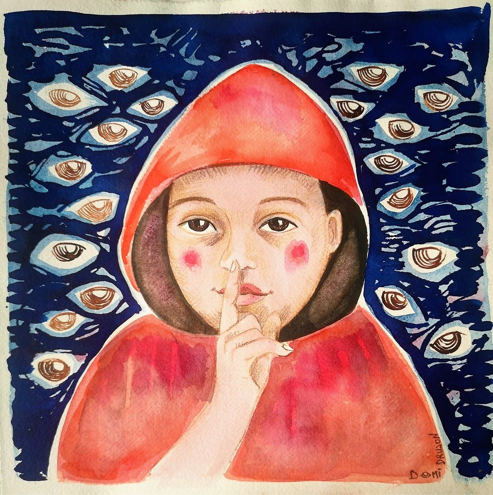 Petit chaperon rouge entouré de motifs comme des yeux