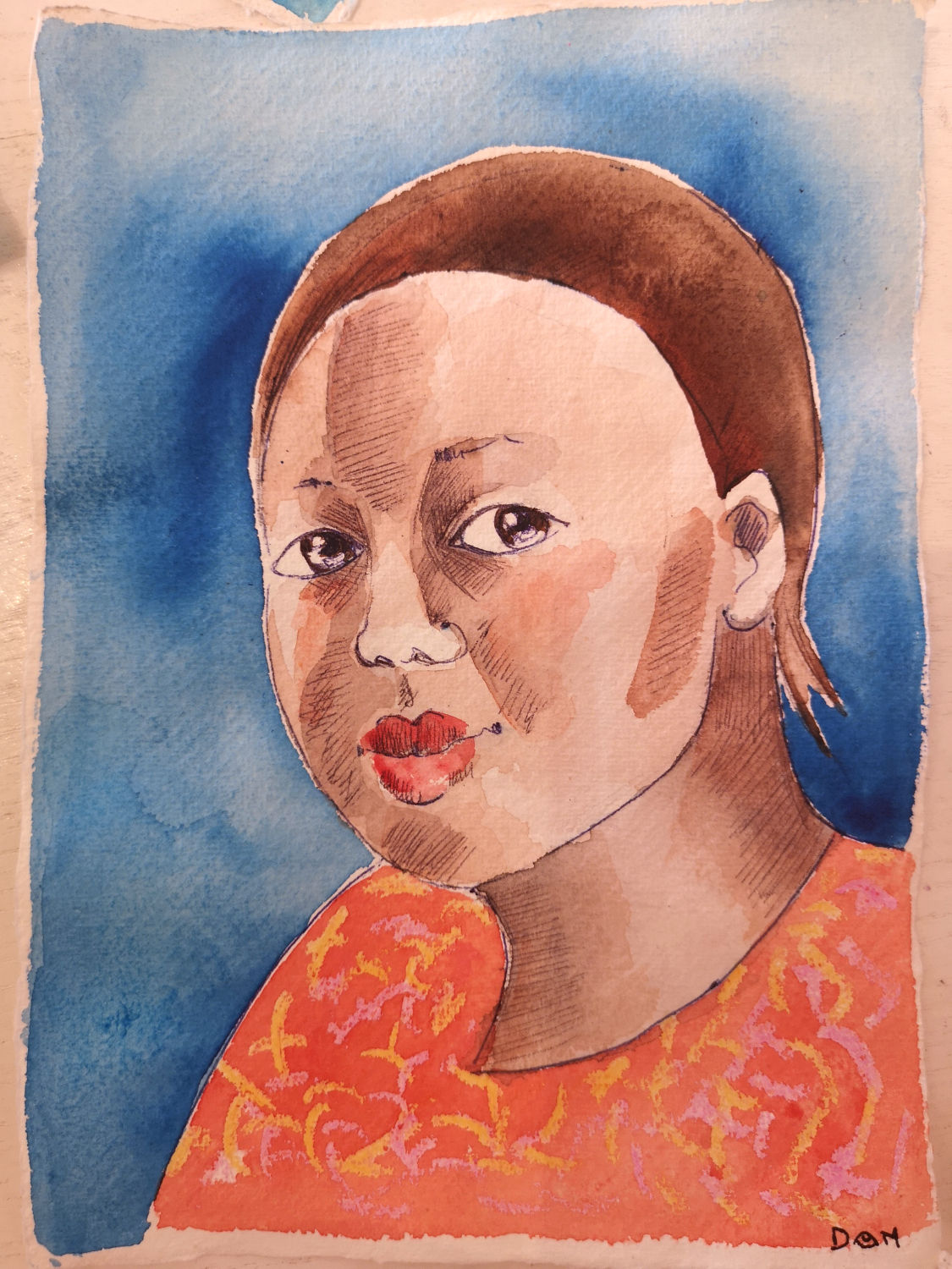 Portrait d'enfant à l'aquarelle en bleu, orange et brun