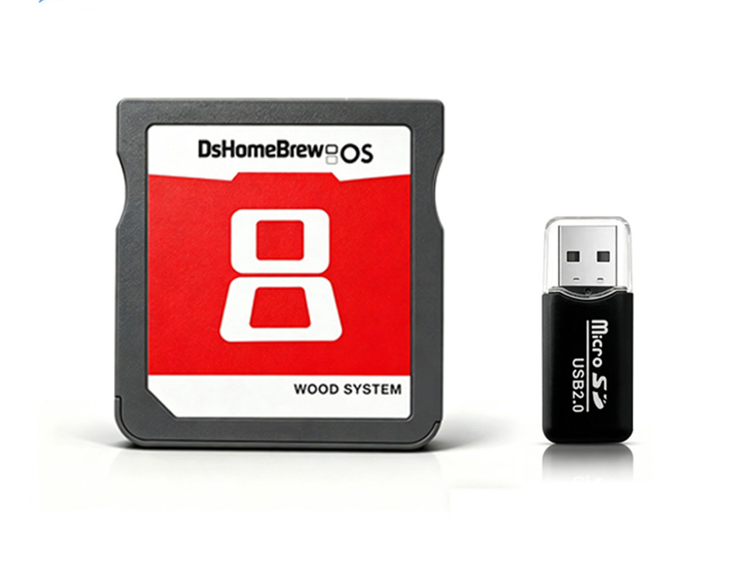 R4 Wood System Homebrew Card with USB Reader for compatible 3DS, 2DS, DSi and DS handheld consoles.