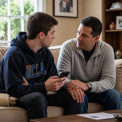 A father and son sitting on a couch looking at a phone.