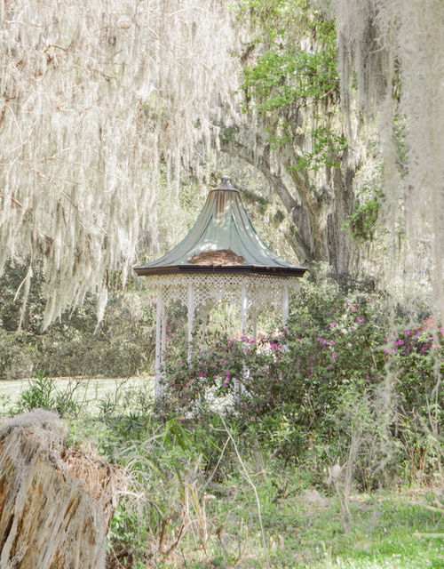 Historic Magnolia Plantation house bathed in soft sunlight with manicured gardens.