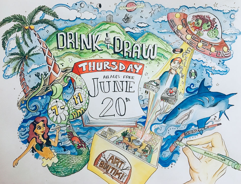 Alca Usan hand draws the flyers for the monthly Drink and Draw.