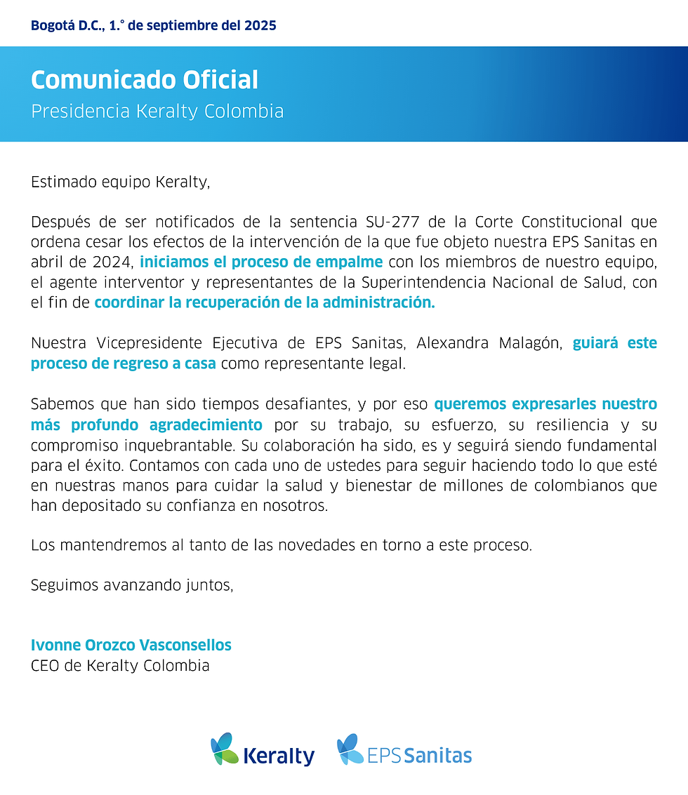 Comunicado Oficial Presidencia Keralty Colombia
