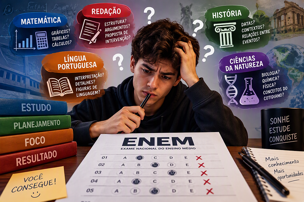 Jovem pensativo estudando ENEM à mesa, cercado por temas de matemática, redação, história, língua portuguesa e ciências.