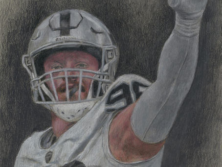 Maxx Crosby of the Las Vegas Raiders pointing upward after a play, colored pencil portrait by Las Vegas artist Dean Huck.