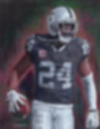 This colored pencil drawing by Dean Huck features Raider player Charles Woodson in action. against a black/red background.