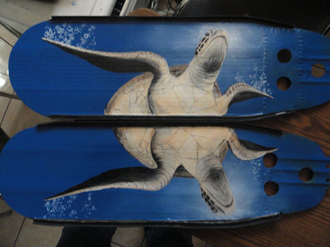 Two realistic Sea Turtle paintings on a pair of skis
