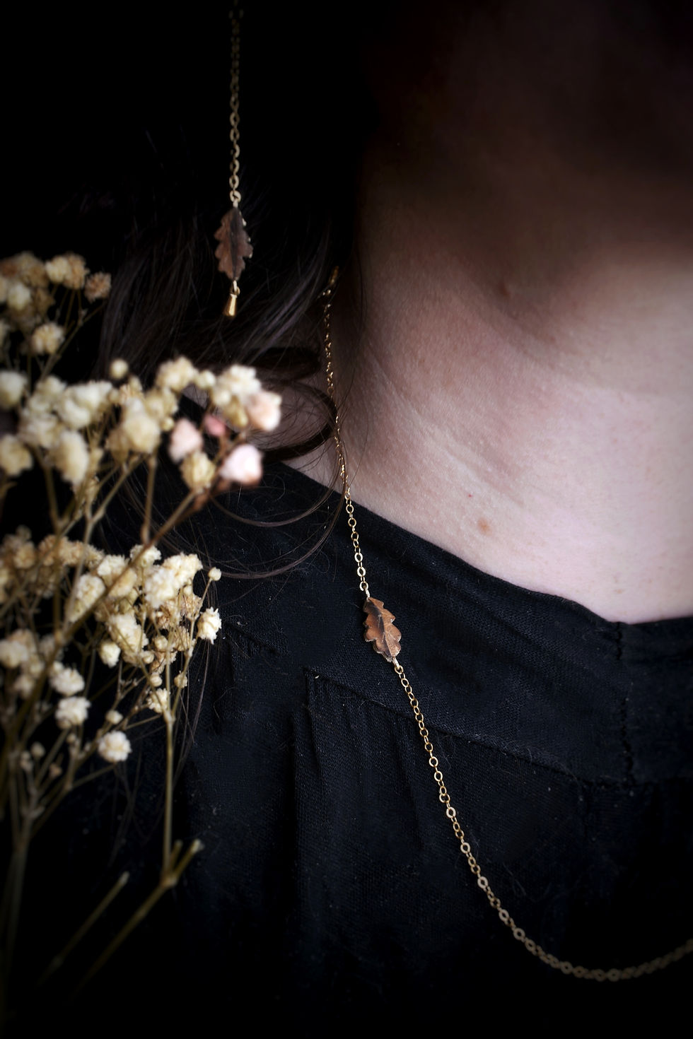 Parure feuilles de chêne marqueterie bois : collier et boucles oreilles artisanales automne