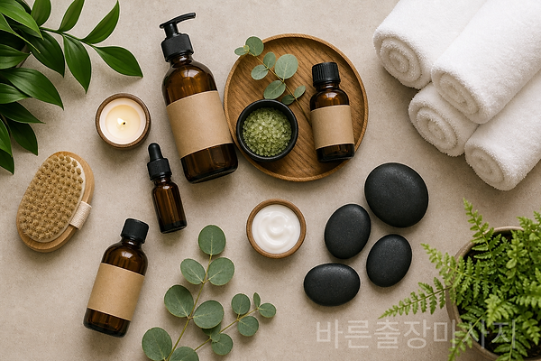 아로마 오일 병, 따뜻한 수건, 돌(스톤), 식물 등 코스 소품