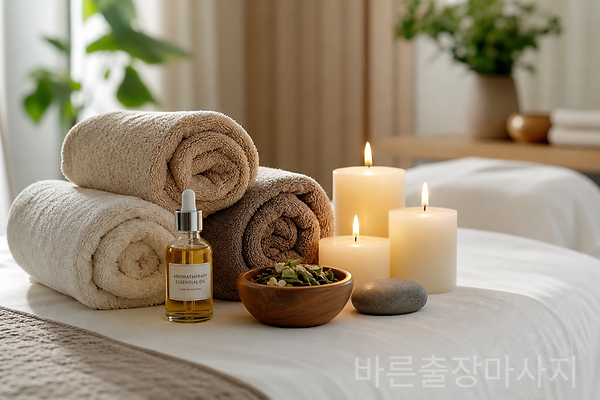 아로마 오일·따뜻한 수건·캔들이 정돈된 스파 테이블