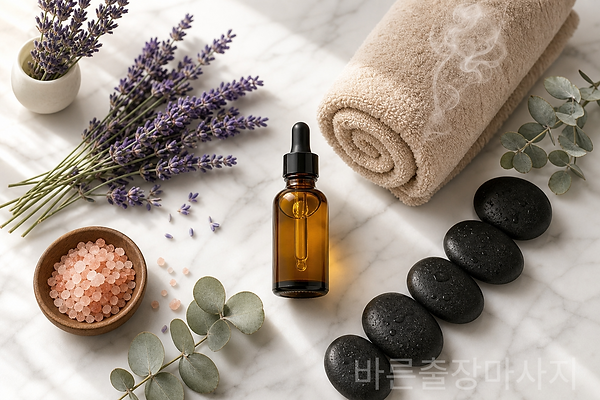 아로마 오일병, 라벤더 꽃, 따뜻한 수건, 돌 등