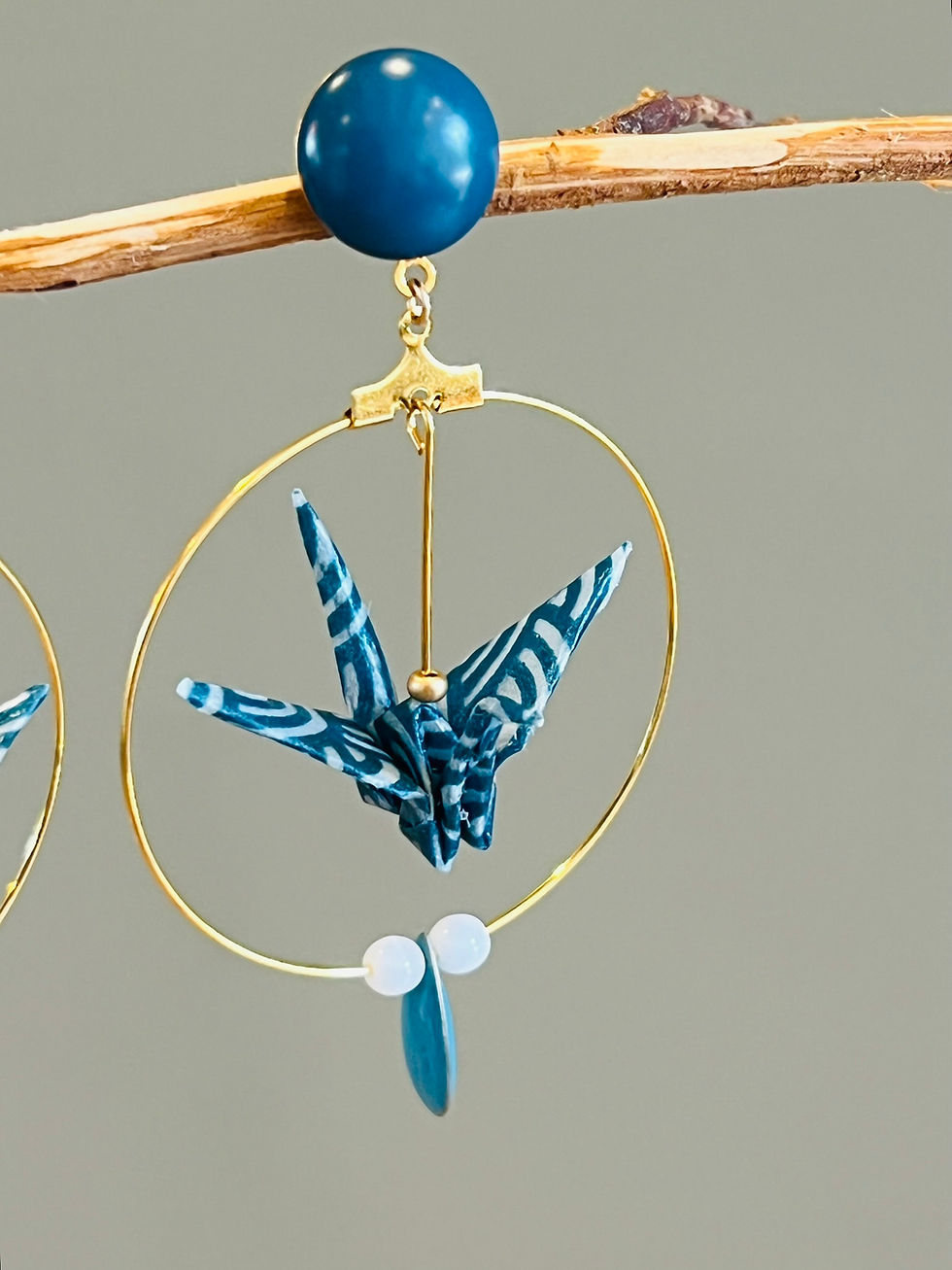 Miniature : Grues japonaises Origami vagues bleu-canard et blanc, créoles simples