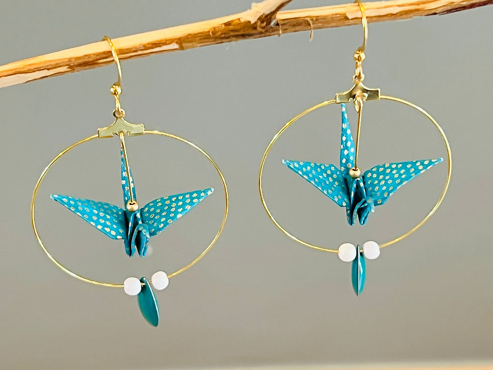 Miniature : Grues japonaises Origami Turquoises et pois or, créole simple