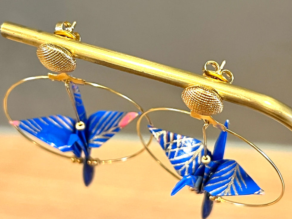 Miniature : Grues japonaises Origami bleu vif motif plumes, créoles simples