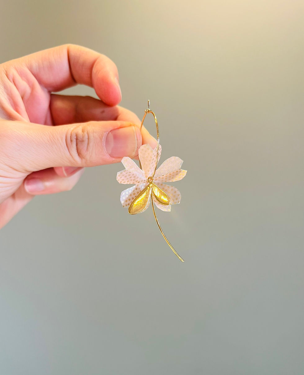 Miniature : Créoles fleurs de cerisier roses pointillés Or, avec pendentif doré
