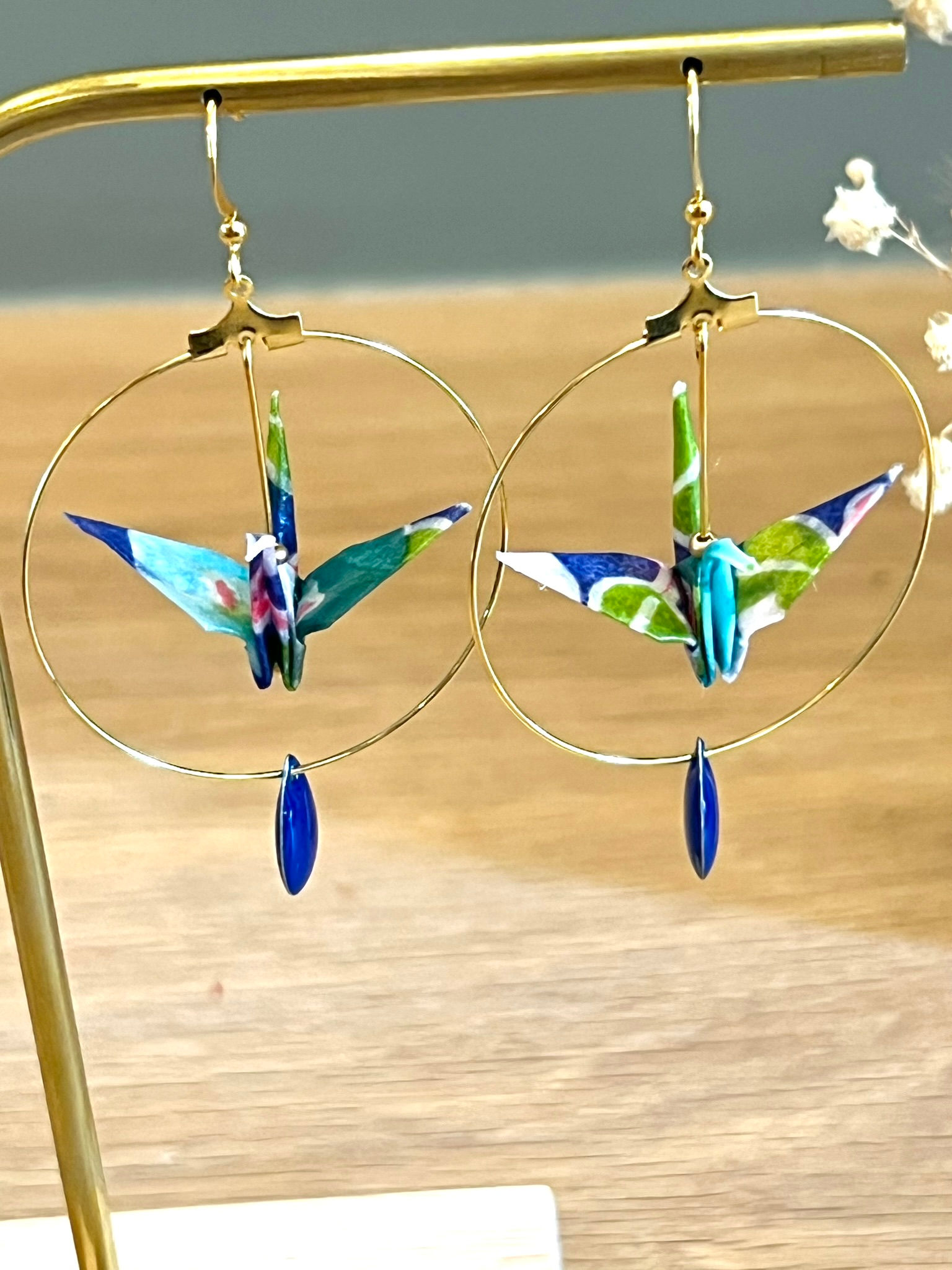Grues japonaises Origami camélias bleues et vertes, créoles simples