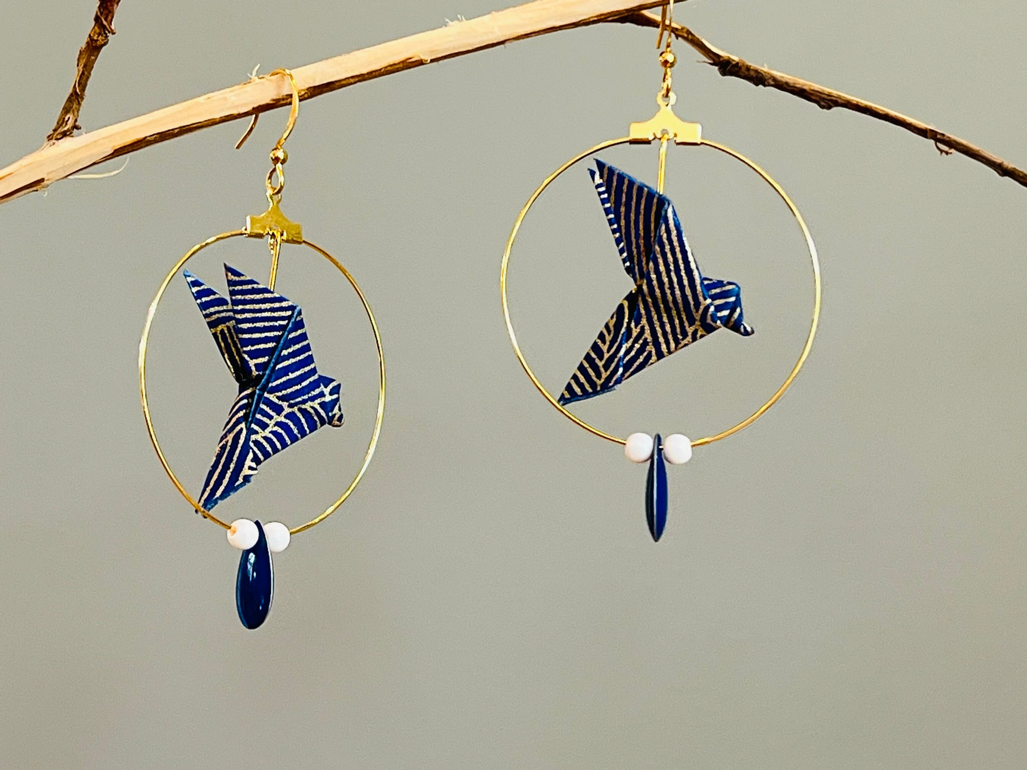 Oiseaux Origami bleus et dorés, créole simple