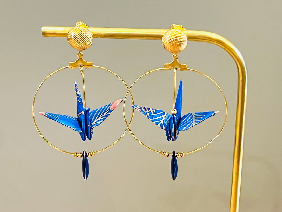 Miniature : Grues japonaises Origami bleu vif motif plumes, créoles simples