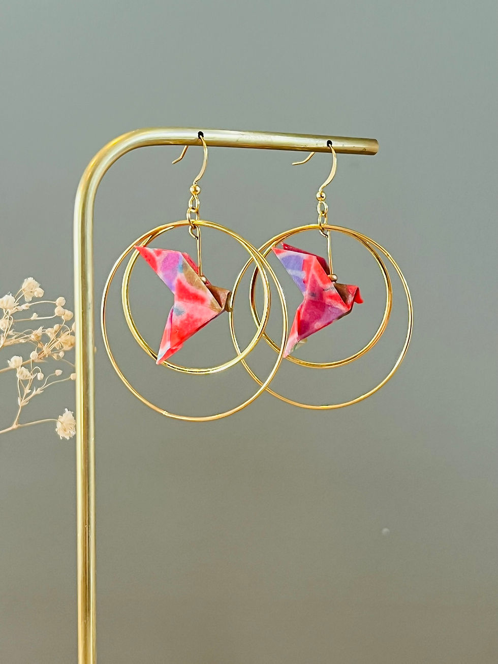 Oiseaux Origami camélias Corail, créoles doubles