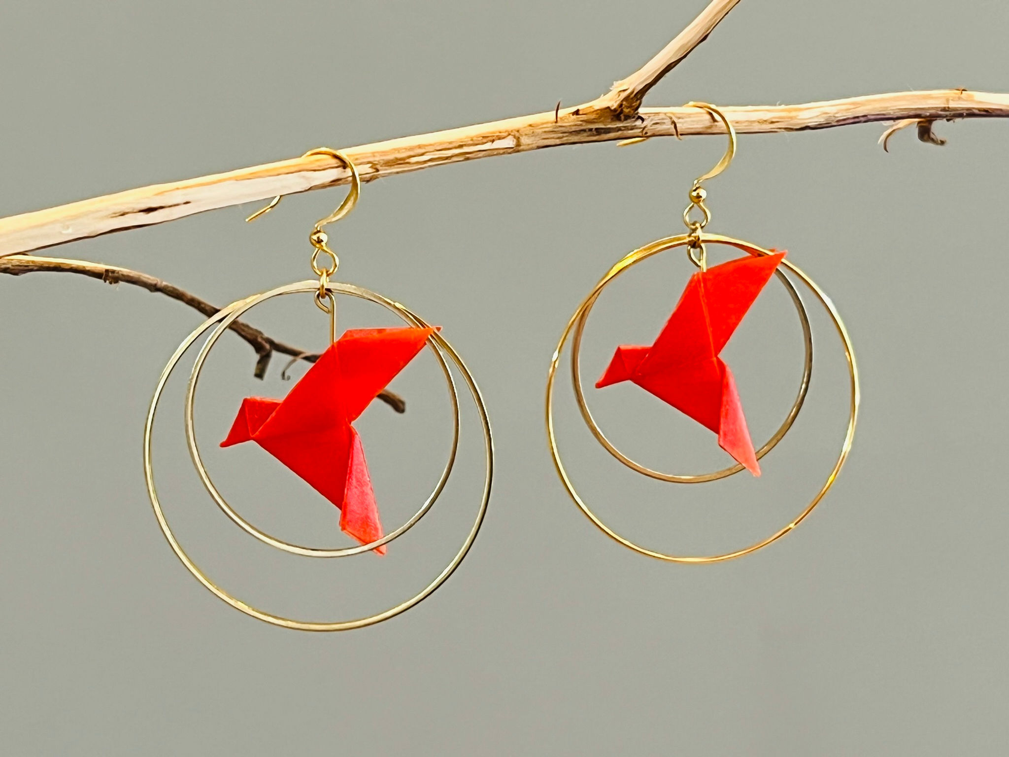 Oiseaux Origami rouges coquelicot, créoles doubles