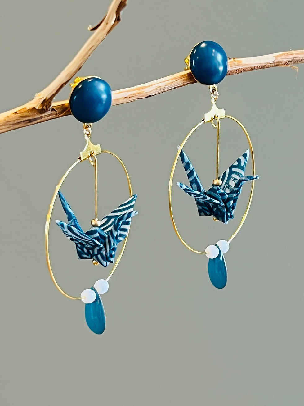 Miniature : Grues japonaises Origami vagues bleu-canard et blanc, créoles simples