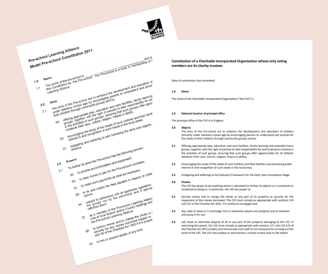 Two overlapping documents on a pink background: "Pre-School Learning Alliance" on left, "Charitable Organisation" on right. Text visible.