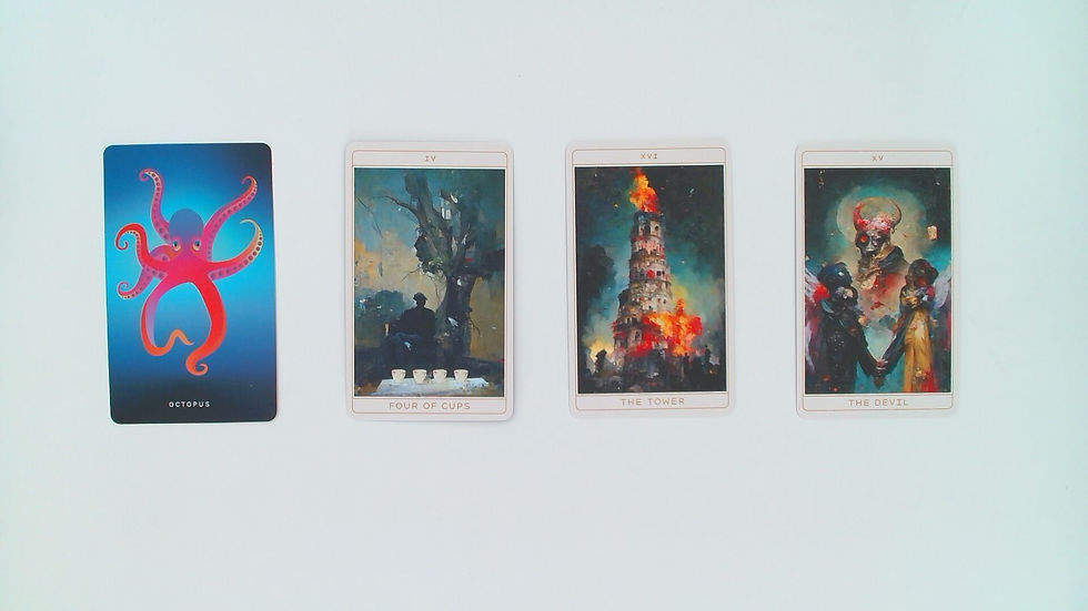 Four tarot cards: Octopus on blue, Four of Cups with figure by tree, The Tower on fire, and The Devil card with dark figures, all on white.