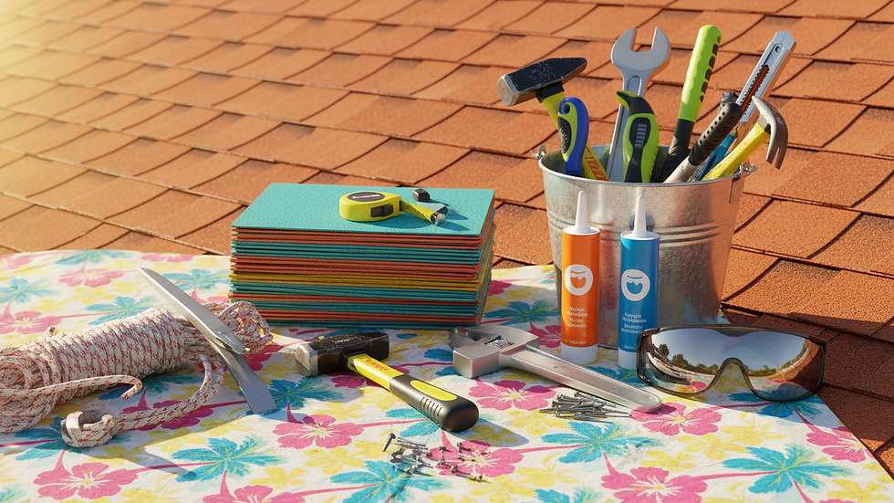 Close-up view of roofing materials and tools on a residential roof in Florida