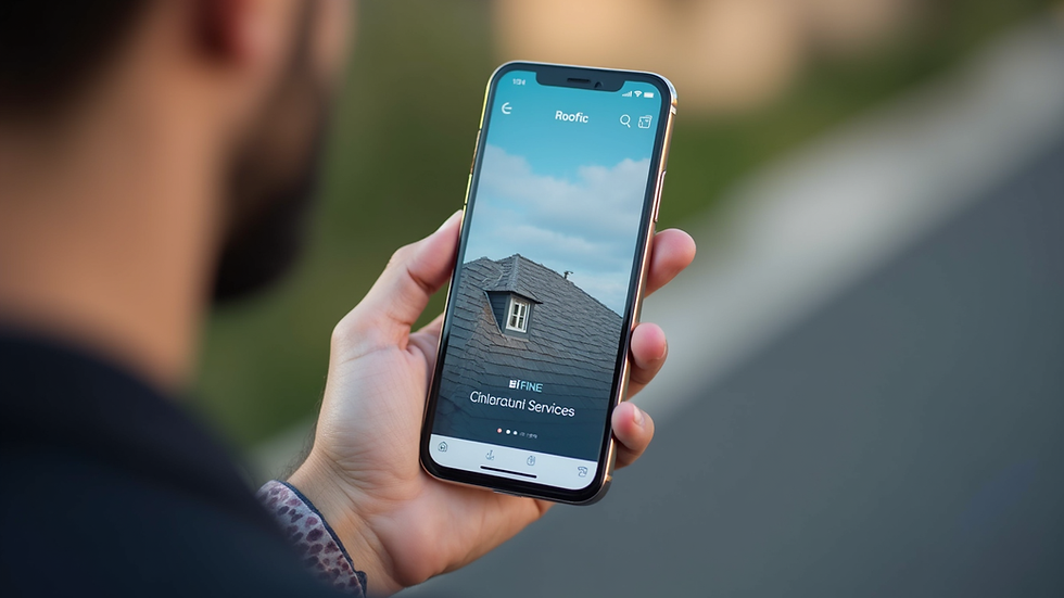 High angle view of a smartphone displaying roofing service app