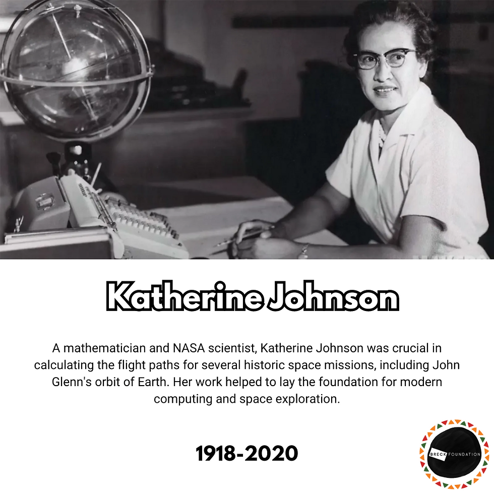 A photo of Katherine Johnson "A mathematician and NASA scientist, Katherine Johnson was crucial in calculating the flight paths for several historic space missions, including John Glenn's orbit of Earth. Her work helped to lay the foundation for modern computing and space exploration."