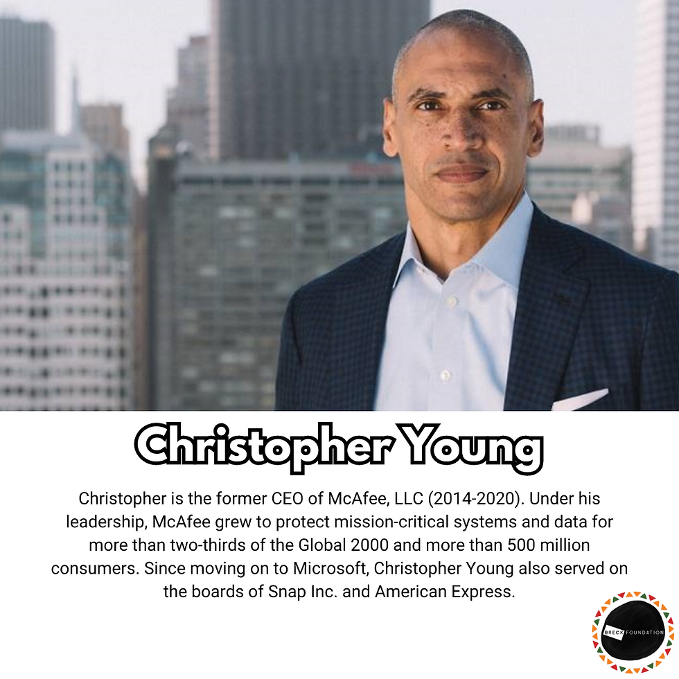 A photo of Christopher Young "Christopher is the former CEO of McAfee, LLC (2014-2020). Under his leadership, McAfee grew to protect mission-critical systems and data for more than two-thirds of the Global 2000 and more than 500 million consumers. Since moving on to Microsoft, Christopher Young also served on the boards of Snap Inc. and American Express."