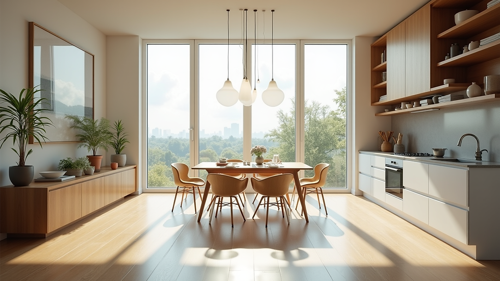 Eye-level view of contemporary kitchen with large windows and natural light
