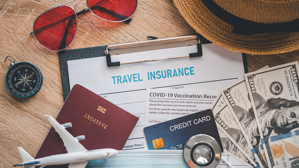 Travel essentials on a table: passport, mini plane, red sunglasses, cash, credit card, vaccination record, travel insurance form. Adventure mood.