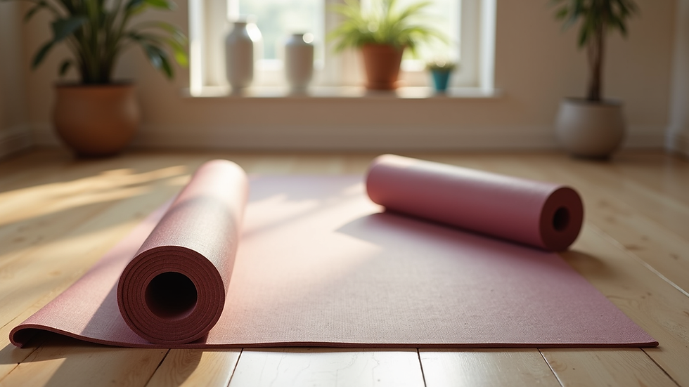 Close-up view of a yoga mat and props arranged in a studio ready for a flow class