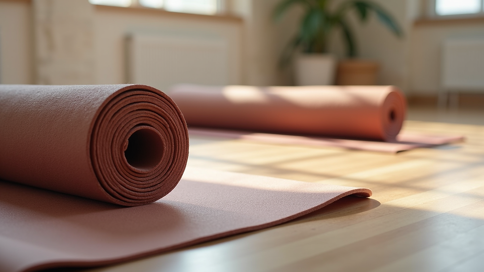Close-up view of a yoga mat and props arranged for a flow class